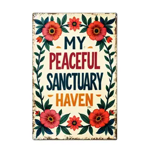 2D Flat - 1pc My Peaceful Sanctuary Haven Floral Pattern With Red And Pink Flowers Green Leaves On Cream Background Vintage Style Metal Sign Metal Tin Sign Vintage Iron Wall Art with Floral Accents, Perfect for Home, Porch, Garden, Cafe, Bar, and
