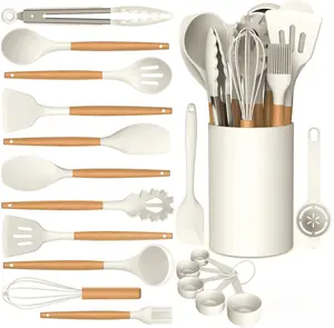 Silicone Cooking Utensils Set - Silicone Kitchen Utensils for Cooking Wooden Handles, 446°F Heat Resistant Kitchen Utensil Spatula Sets w Holder, Gadgets for Non-Stick Cookware BPA FREE (Cream White)