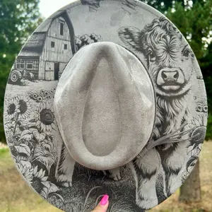 Highland Cow Engraved Fedora Hat with Barn and Sunflower Design on Hat Band