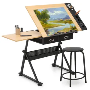 MDF-Metal Height Adjustable Drafting Table with Tiltable Top, 2 Storage Drawers and Stool, Art Craft Desk for Home Office Sketching Watercolor Paintings (Indoor Recreation)