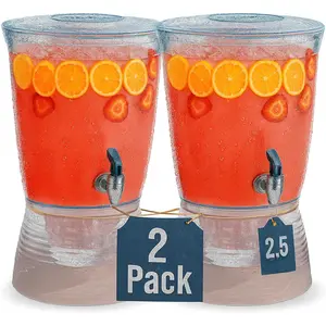 Drink Dispensers for Parties (2.5 Gallon) Large Plastic Water Dispenser for Counter Tops, No Mess, Easy to Assemble & Wash, Up to 40 Drinks, For Drinks, Juice, Punch & Water (2 Pack)