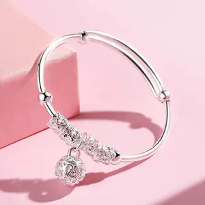 【gift】Elegant 925 Pure Silvery plated Bracelet with Exquisite Lace Design & Pendant Fashion Jewelry for Women 6cm Length Perfect for Daily Wear & Gift Giving Ideal for Valentine's Day bangle high  appearance  bracelet popular gift