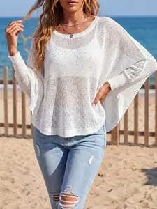 Colorful Sequin Cutout Knit Top, Loose Batwing Sleeve Design, Sheer Casual Cover-Up, Oym6z1150, All Seasons Fashion
