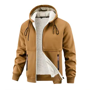 Men's Brown Fleece Lined Zip-Up Hooded Warm Jacket - Winter Casual Coat with Functional Pockets