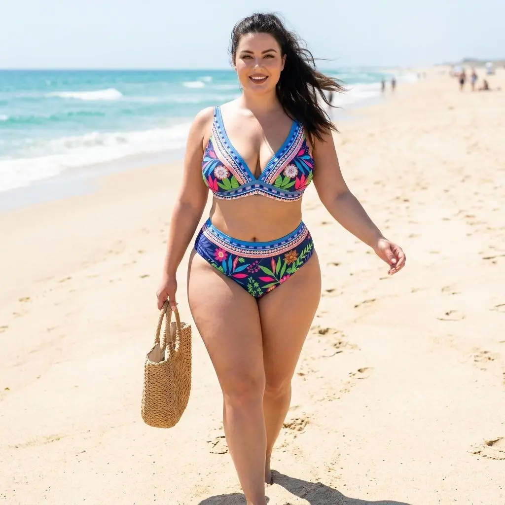 Plus Size Deep V Neck Bikini Set, Boho Floral Print Swimsuit, Summer Vacation Outfit, Women's Plus Size Boho Floral Bikini Set, High Waisted Tie Back Swimsuit, Deep V Neck Bathing Suit, Tropical Print Beachwear, Curve Friendly Swimwear