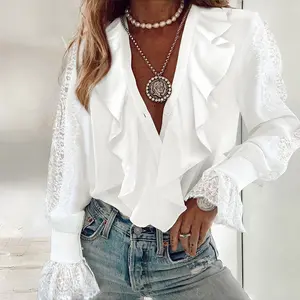 ChicMe Women's  V-Neck Eyelash Lace Patch Ruffles Button Down Blouse Top