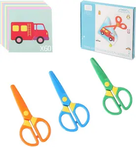 3-Pack Toddler Safety Scissors Kit Child-Safe Preschool Training Scissors & 60 Sheets Craft Paper, Ergonomic Blunt Tips Early Childhood Development Tools for Kids 2-5 Years