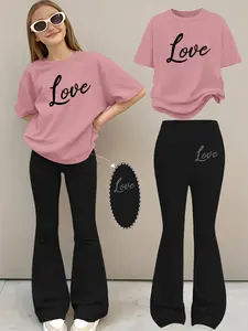 2pcs Girls' Summer Fashion Butterfly Print Short Sleeve T-Shirt + Elastic Bell Pants Round Neck Set, Cute for Outdoor Activities