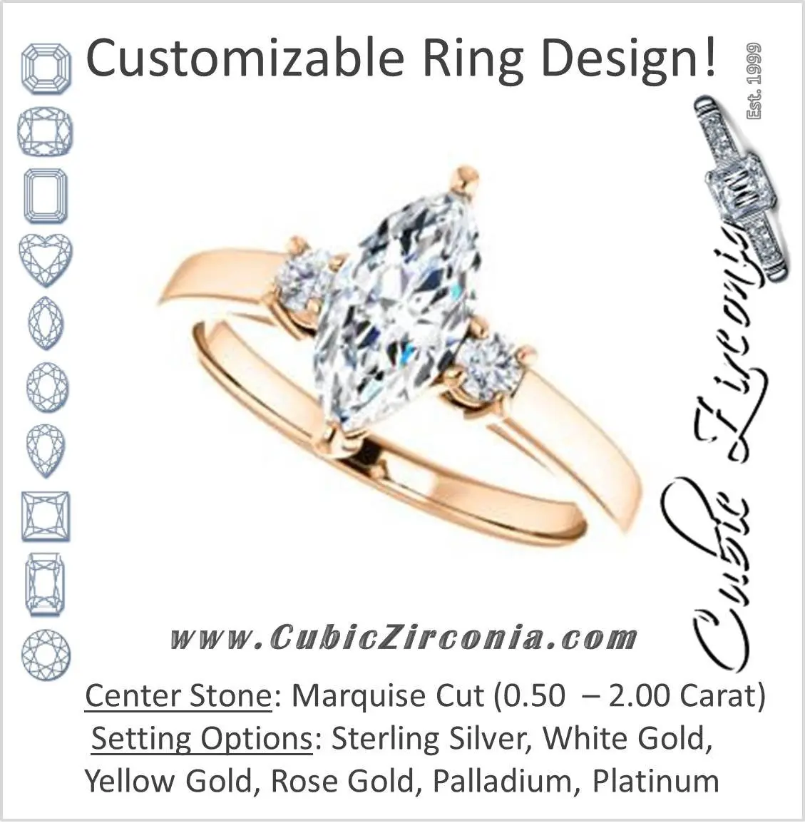 Cubic Zirconia Engagement Ring- The Jacqueline (Customizable Marquise Cut 3-stone with Thin Band and Dual Round Prong Accents)