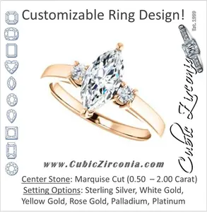 Cubic Zirconia Engagement Ring- The Jacqueline (Customizable Marquise Cut 3-stone with Thin Band and Dual Round Prong Accents)