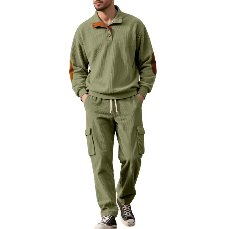 waffle knit two piece tracksuit, color block elbow patch henley pullover, drawstring multi cargo pocket straight trousers, loose matching casual outfit set for daily street style#sohochic