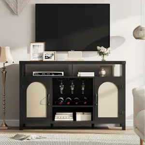 Farmhouse 59 inches Sideboard Buffet Cabinets with Wine Rack  Modern Coffee Bar Cabinet for Home Liquor  Kitchen Storage Cupboard with Door  Sideboard for Dining Room/Living Room/Restaurant -Black