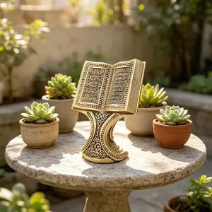 1Pcs Resin Quran Book Figurine, Antique Gold Islamic Holy Book Statue, Arabic Calligraphy Decorative Sculpture, Muslim Home Tabletop Ornament, Ideal for Ramadan, Eid, Religious Holiday & Housewarming Gift