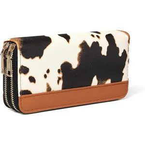 Wallet for Women, Western Large Capacity Purse, Cowhide Cute Double Zippers Card Cases and  Organizers Highland Stuff Gifts for Ladies (Brown)