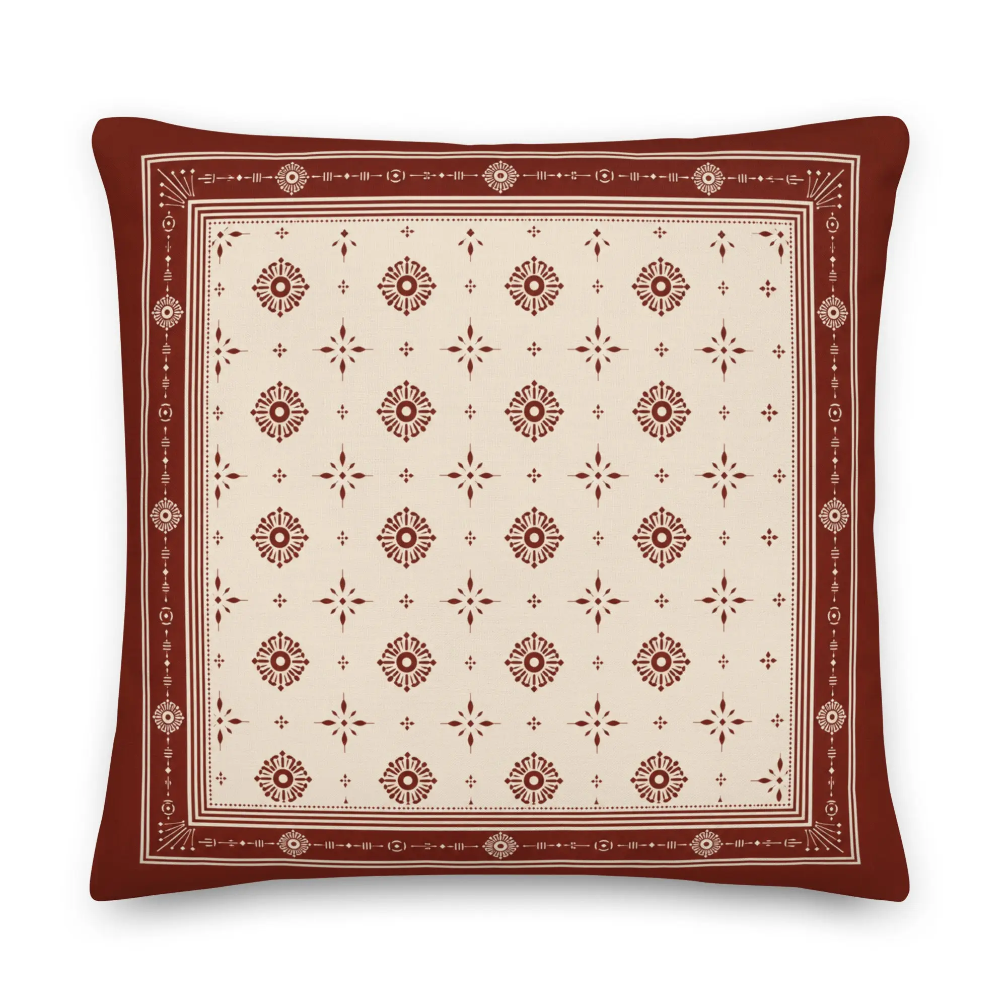 Warm Boho Indian Block-Print Rust Terracotta Floral Jaipur Motif Accent Throw Pillow - South Asian Soft Furnishing Textile Pillow, Cozy Aesthetic, Floral Motif