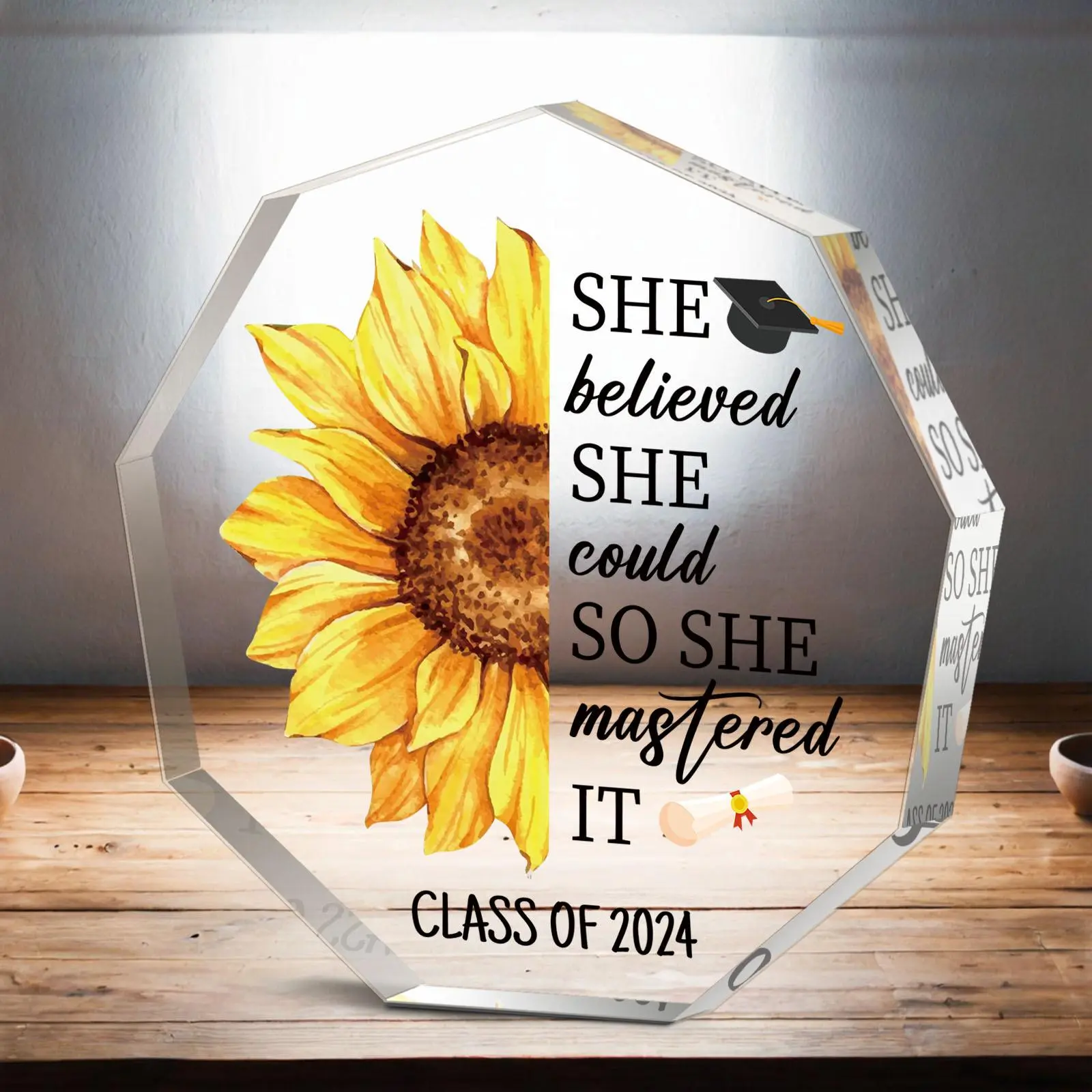 Sunflower & Letter Pattern Acrylic Ornament, 1 Count Graduation Gift for Friend, Inspirational Graduation Gift, Commemorative Ornament