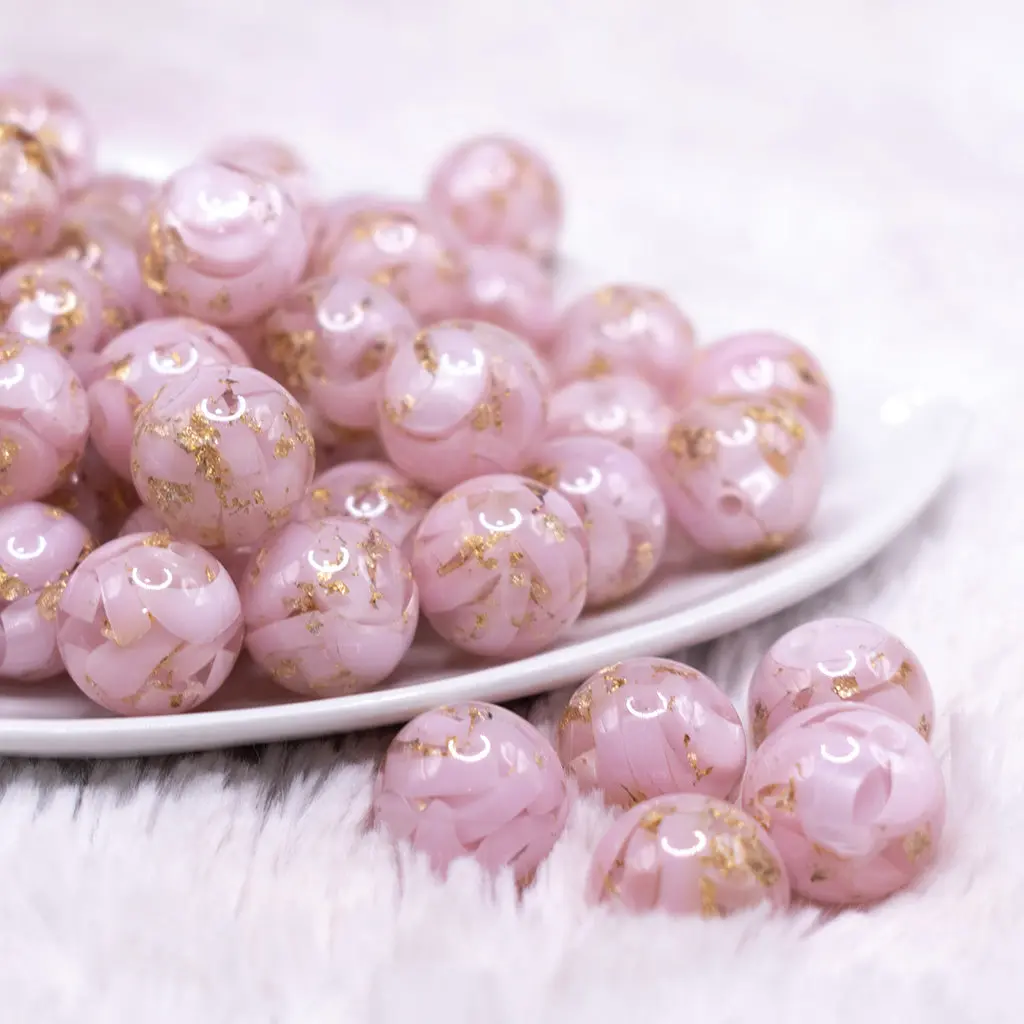 16mm Pink with Gold Flake Acrylic Chunky Bubblegum Beads