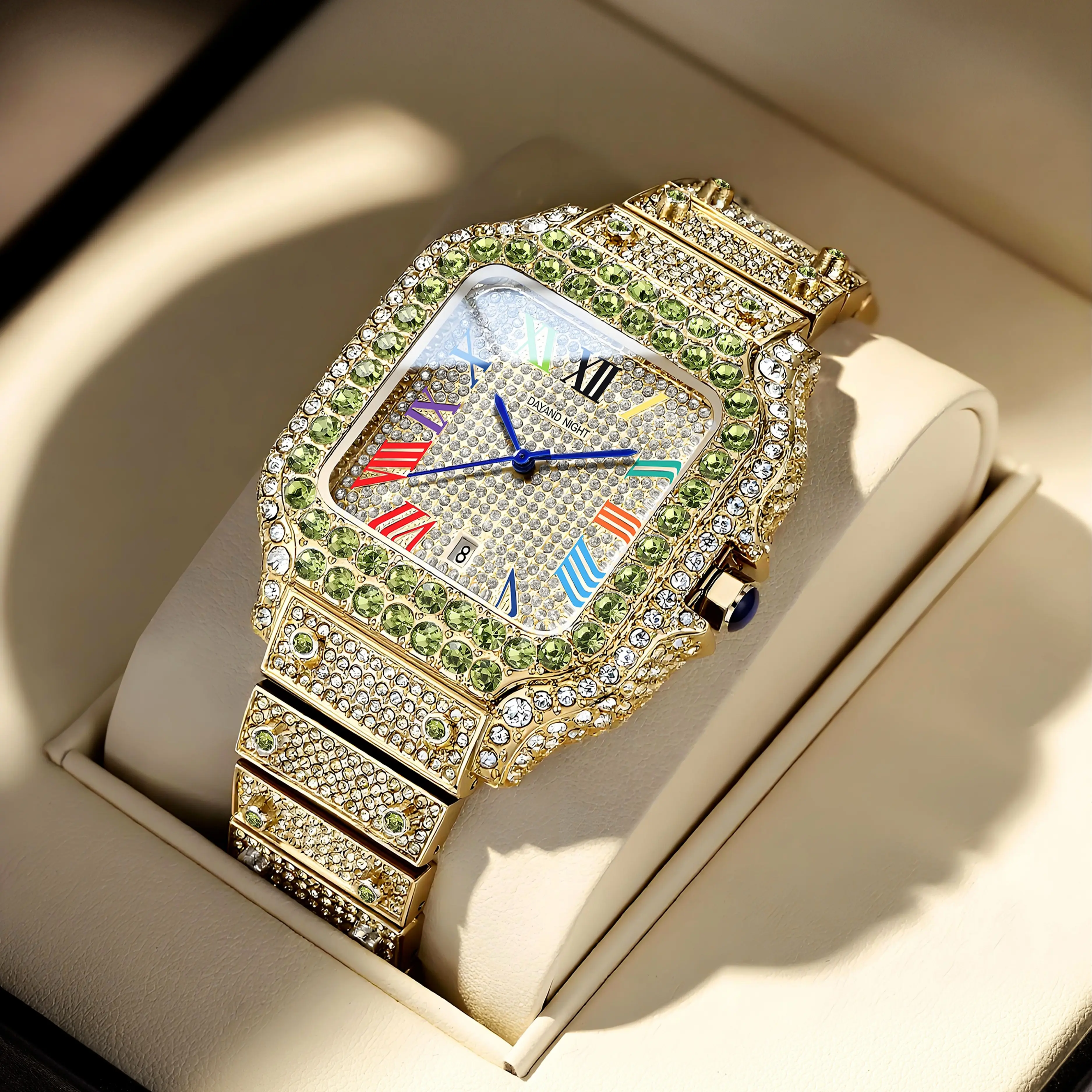 Dayand Night Unisex Gold-Plated Watch, Tennis Style Metal Band with Diamond Face for Business Wear - Waterproof Cal., Analog-Digital, Square Shape