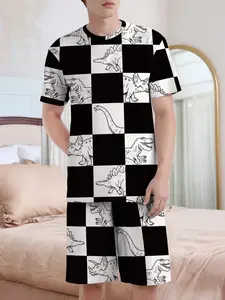 Men's Regular Fit Dinosaur Print Short Sleeve Tee & Shorts Pajama, Casual Comfy Round Neck T-shirt & Shorts PJ Set, Men's Sleepwear for Summer, Loungewear