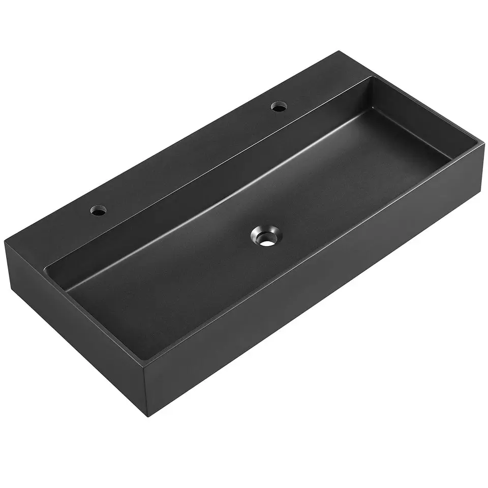 Wall-Mount Install or On Countertop Bathroom Sink 47 in. with Double Faucet Hole in Matte Black