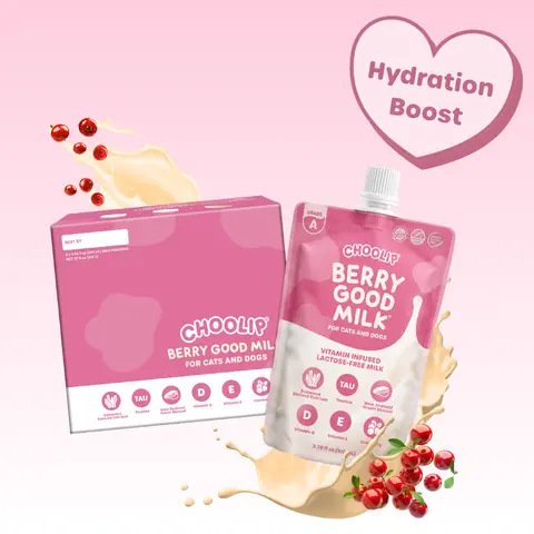 Choolip Berry Good Milk - Vet-Formulated Lactose-Free Pet Milk for Cats & Dogs - Clean Ingredients with Cranberry, Glucosamine & Omega-3 for Daily Wellness (8 x 100mL Pouches)