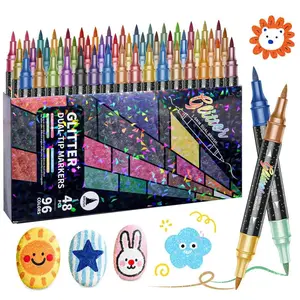 96-Color Glitter Effect Dual-Tip Dual-Color Brush Markers, 1-5mm Soft Brush Shimmer Markers for Doodle Writing & Art Crafts, Office & Art Supplies for Adults with Fitness Machine Compatibility
