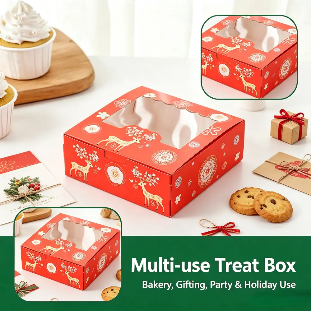 10Pcs Christmas Bakery Boxes with Clear Window, Holiday Storage Boxes for Cookies & Cupcakes, Gift Packaging for Christmas Party and Homemade Desserts
