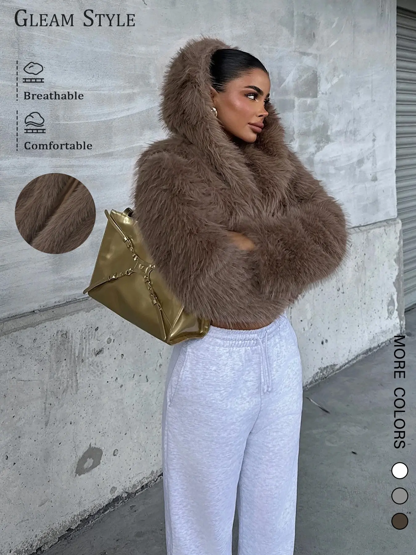Women's Casual Hooded Faux Fur Top, High-End Autumn Winter Outerwear, Stylish Fitted Long Sleeve Jacket with Pockets, Perfect for Cold Weather