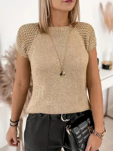 Women's Casual Fitted Short Sleeve Round Neck Sweater, Lightweight Breathable Crochet Knitwear Pullover, Fashionable Daily Wear, Best Choice for Summer and Spring