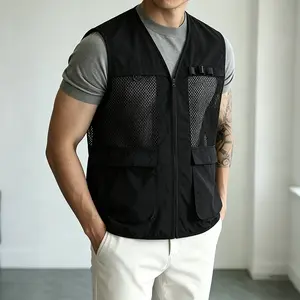 Men’s mesh patchwork work vest, lightweight zip sleeveless jacket, casual street-style outdoor multi-pocket vest
