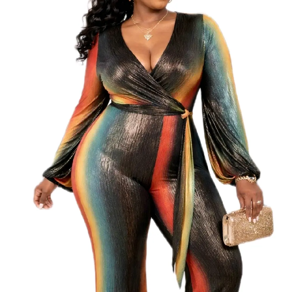 Women's Long Sleeve Metallic Silk Wrap Jumpsuit - Wide Leg, Elegant Design for Parties, Special Occasions