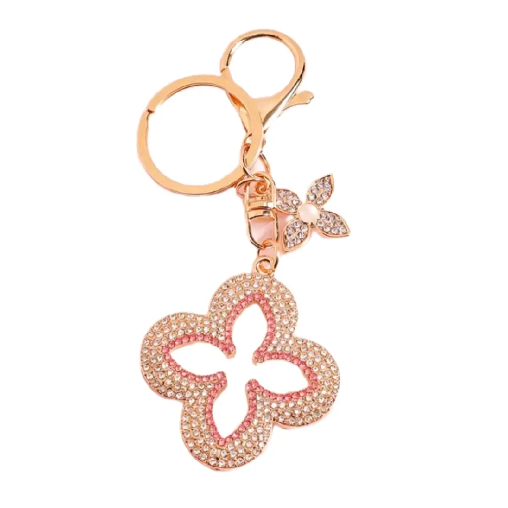 Glamorous Floral Clover Bag Charm - Crystal Rhinestones, Black Enamel Aesthetic Keychain, Bling Bling Keychains, Bag Charms for Purse Accessory, Reversible, Portable Keychain Charms & Twillies