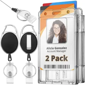 Rigid ID Badge Holder w/Retractable Reel Clip (Clear, 2 Pack), Horizontal or Vertical Heavy Duty Name Card Reels for Work  Badges