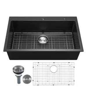 VEVOR 33 inch Kitchen Sink Workstation, Top Mount Granite Sinks, Drop-In Single Bowl Farmhouse Basin with Multiple Accessories, Household Dishwasher Sinks for RV, Prep Kitchen, and Bar (Black)