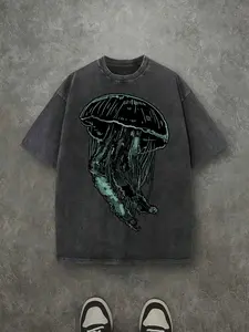 Jellyfish print unisex washed T-shirt, stretchy and slim fit, casual street style with a retro vibe.