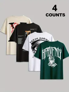 Men's Trendy Round Neck Short Sleeve Four-Piece Set, Comfortable Breathable Summer Casual Wear, Sportswear Essential