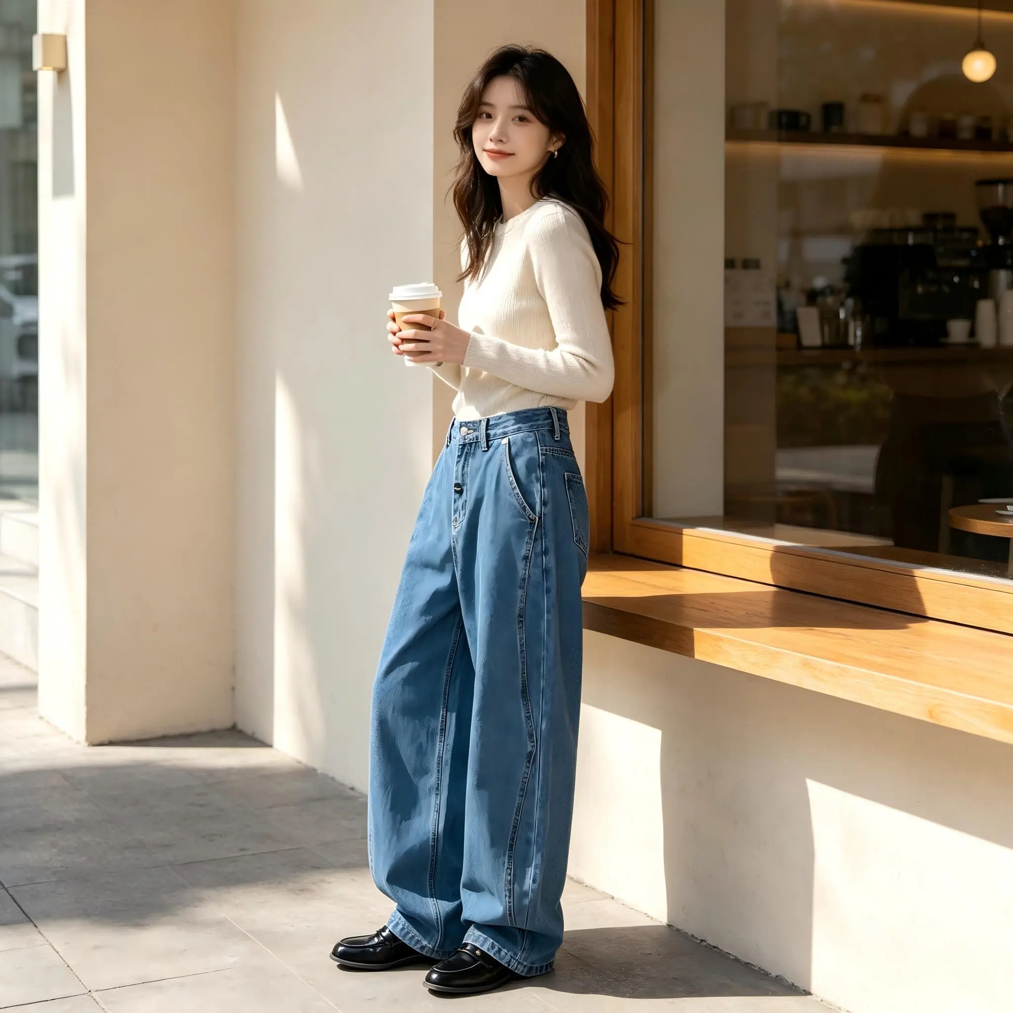 Diamond denim jeans, loose wide-leg American dad pants, casual carrot-fit jeans