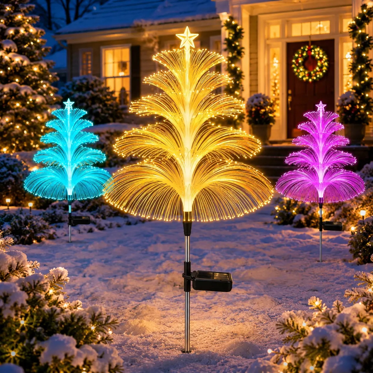Solar Fiber Optic Christmas Tree Lights Outdoor, 7-Color Changing Star Garden Stake Lights, IP65 Waterproof Holiday Decor for Yard, Lawn, Pathway & Patio, Jellyfish Lighting