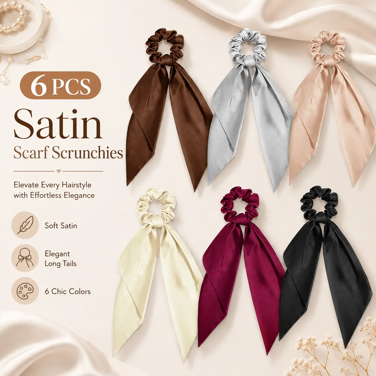 6 Pack Satin Scarf Scrunchies for Women & Girls, Soft Bow Hair Ties with Long Tails, Non-Damaging Elastic Ponytail Holders, Elegant Hair Accessories for Daily Wear, Parties & Gifts