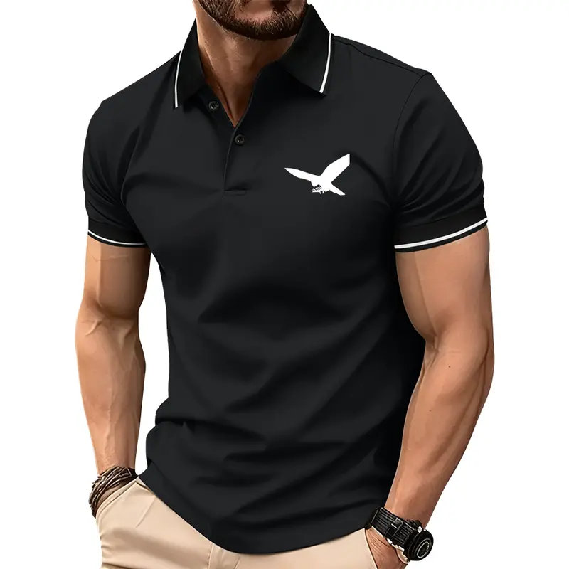 Men's Eagle Graphic Print Short Sleeve Polo Shirt, Contrast Tipped Collar Button Placket Casual Golf Top, Classic Retro Business Casual Shirt for Work, Travel, Outdoor, Daily Wear, Weekend and Summer