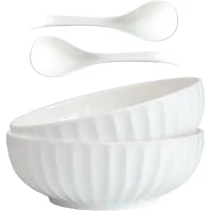4 Quarts 2 count  White Serving Bowls with Free Spoons, 12 inch  Big Salad Bowls For Entertaining, Eating, Ceramic Serving Dishes, Pumpkin Serving Bowl Set For Fruit Soup Pasta