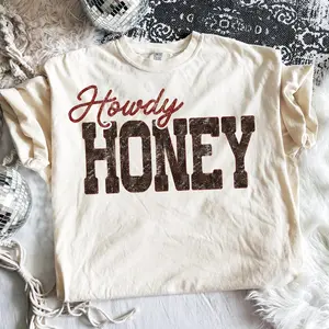 Comfort Colors Vintage Howdy Honey T-shirt, Retro Western Checkered T-shirt, Country Cowgirl Sublimation, Southern Style Western Gift