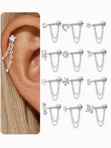 Cz Cubic Zirconia Versatile Earrings, Stainless Steel 20g Push-Back Flat Back Studs, Dual Chain Design, Unisex Ear Piercing Jewelry Gift