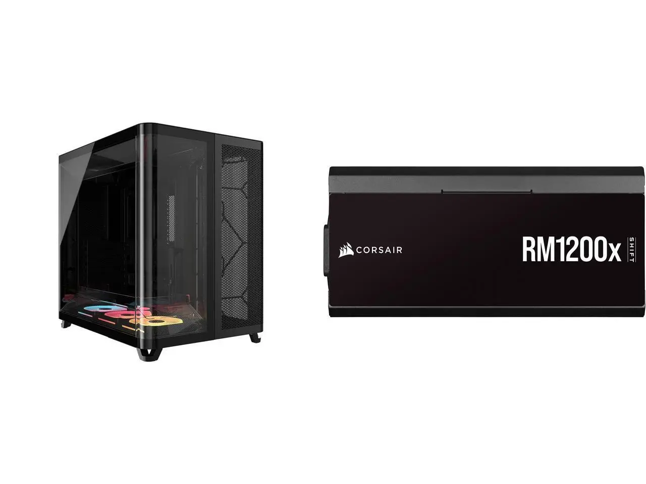 Corsair AIR 5400 LX-R RGB iCUE LINK Mid-Tower PC Case-Black with 3x RGB 120mm fans, System Hub, BTF Back Plug Motherboard, CORSAIR RMx Shift RM1200x Modular 80PLUS Gold ATX Power Supply