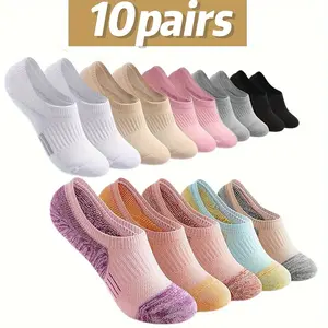10pcs Women's No-Show Athletic Socks - Breathable, Soft Polyester & Spandex Blend, Solid Color, Machine Washable Menswear Bestie thighhighsocks Beige Plain