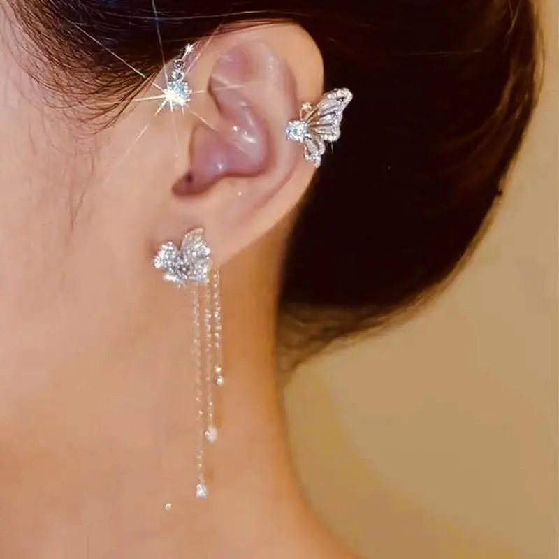 Elegant Butterfly Ear Cuffs, Climber Wrap Earrings with Cubic Zirconia, No Piercing Silver Alloy Jewelry for Women, Dainty Gifts for Girls, 2.55 Inches, Parties, Female, Hook Earrings, Metal Coating, Rhinestones, Insect
