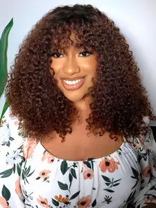 12 Inch Ombre Blonde Curly Bob Wig, 180% Density Brazilian Remy Human Hair Pre-styled Bangs & Glueless Design Highlighted Short Curly Wig for Black Women Curly Wigs Human Hair