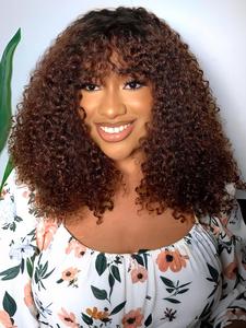 12 inch ombre blonde curly bob wig, 180% density brazilian remy human hair pre-styled bangs & glueless design highlighted short curly wig for black women