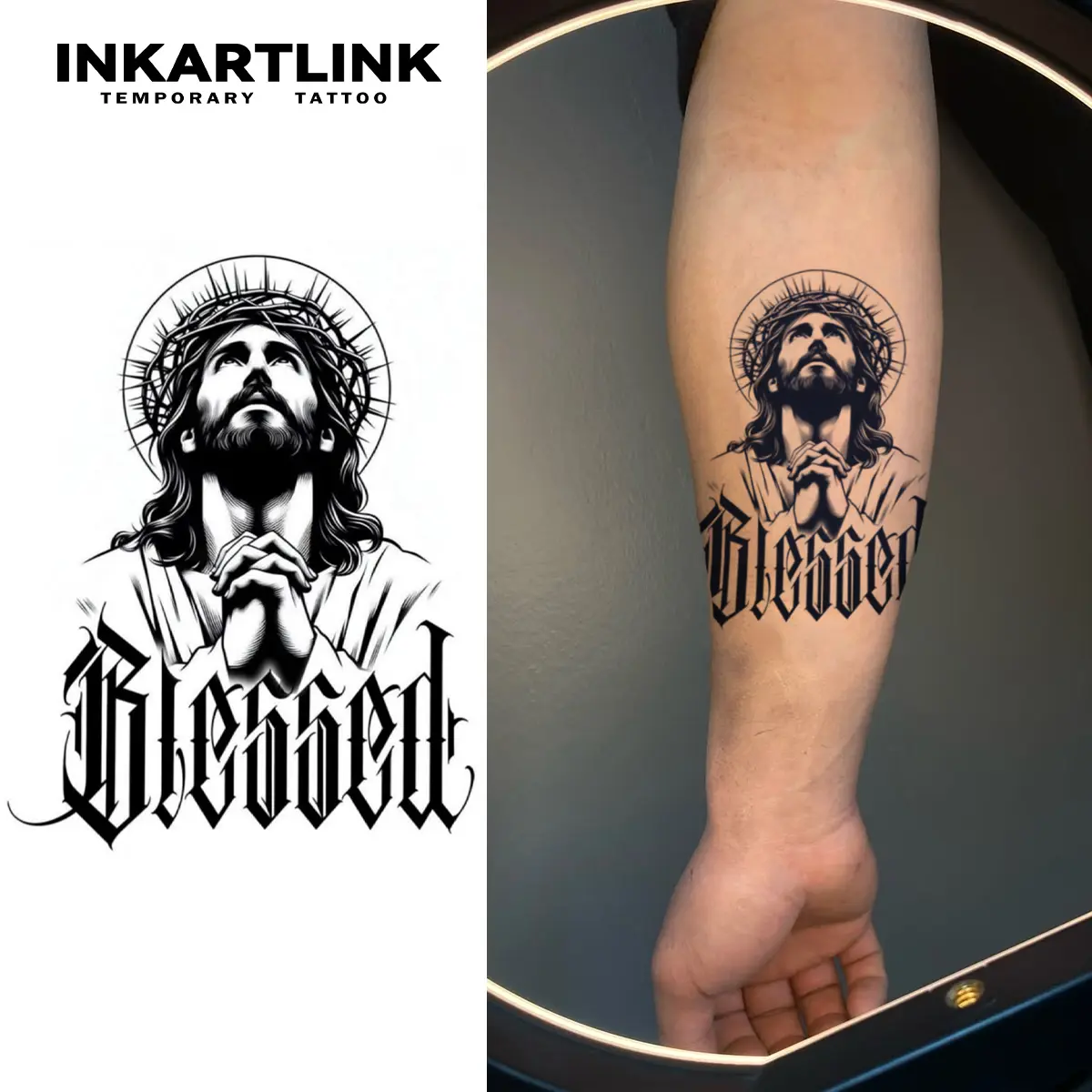 INKARTLINK Semi-Permanent Temporary Tattoos (Pray Design) - 2 Sheets, Tattoo Ideas, Adult Art, Waterproof, Realistic, No Adhesive/Reflection, Lasts 1-2 Weeks, For Men & Women, Ideal for Swimming, Parties