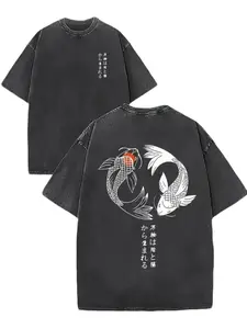 Men's Heavy Washed Vintage Koi Fish & Kanji T-Shirt Double-Sided Yin-Yang Print Loose Fit Plus Size Short Sleeve Soft Breathable Streetwear Tee for Casual & Themed Outfits Vintage Style Top